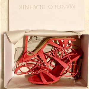 Manolo Blahnik Criss Suede 105mm Heels in a dusty red color